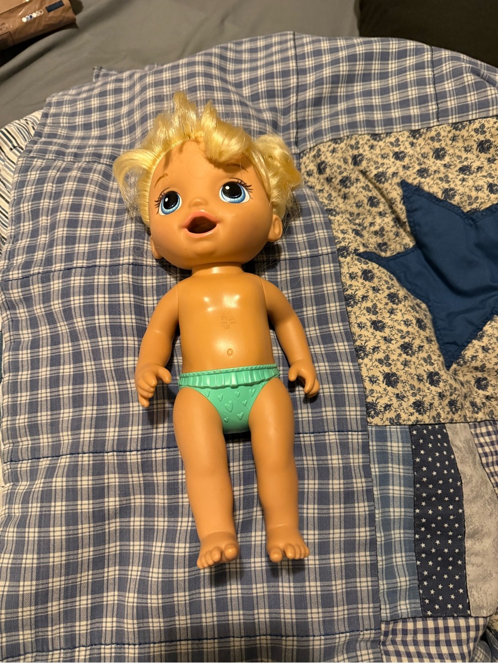 Blonde Baby alive Doll with Blue Eyes and Green Diaper - Kids Toy